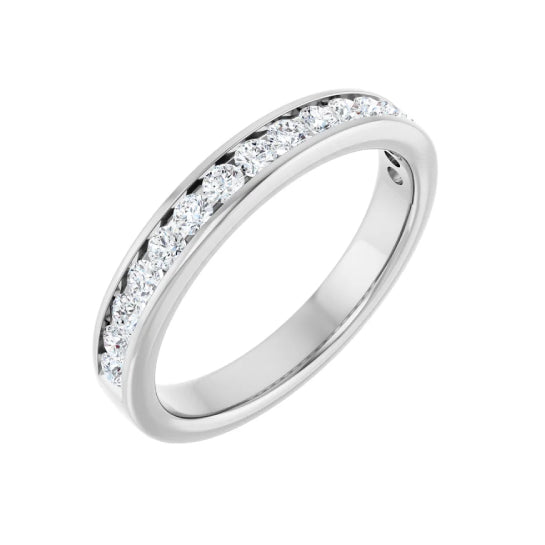 1/2 ctw channel-set round brilliant cut diamond band in 14K white gold, 3.3 mm width, angle view