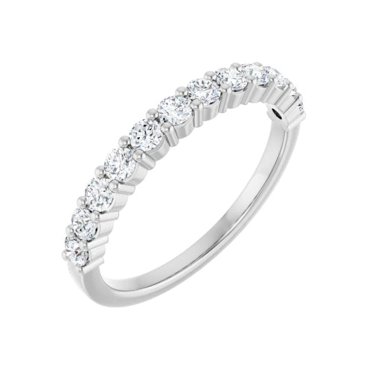 1/2 ctw shared-prong round brilliant cut diamond band in 14K white gold, 2.3 mm width, angle view
