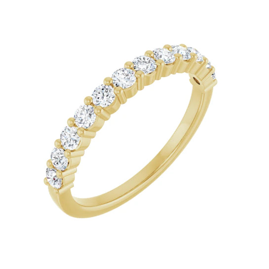 1/2 ctw shared-prong round brilliant cut diamond band in 14K yellow gold, 2.3 mm width, angle view
