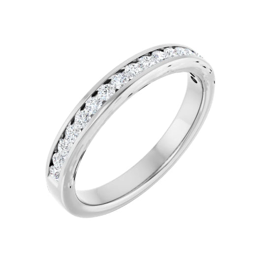 1/3 ctw channel-set round brilliant cut diamond band in 14K white gold, 3.0 mm width, angle view