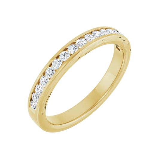 1/3 ctw channel-set round brilliant cut diamond band in 14K yellow gold, 3.0 mm width, angle view