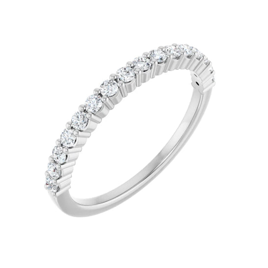 1/3 ctw shared-prong round brilliant cut diamond band in 14K white gold, 1.8 mm width, angle view