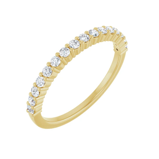 1/3 ctw shared-prong round brilliant cut diamond band in 14K yellow gold, 1.8 mm width, angle view