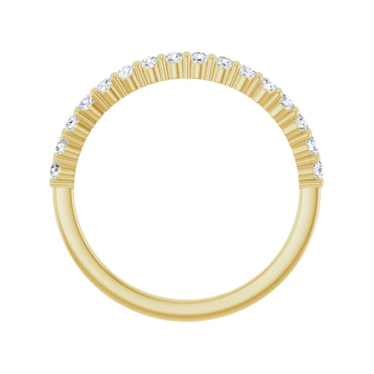 1/3 ctw shared-prong round brilliant cut diamond band in 14K yellow gold, 1.8 mm width, side view
