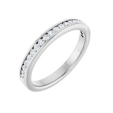 1/4 ctw channel-set round brilliant cut diamond band in 14K white gold, 2.6 mm width, angle view