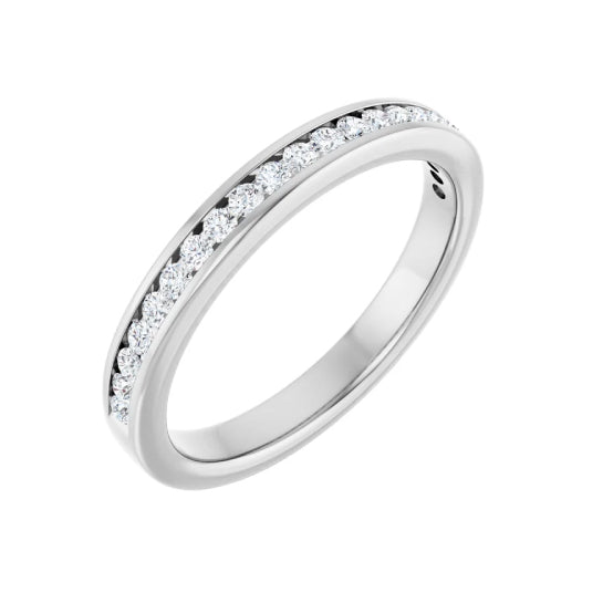 1/4 ctw channel-set round brilliant cut diamond band in 14K white gold, 2.6 mm width, angle view