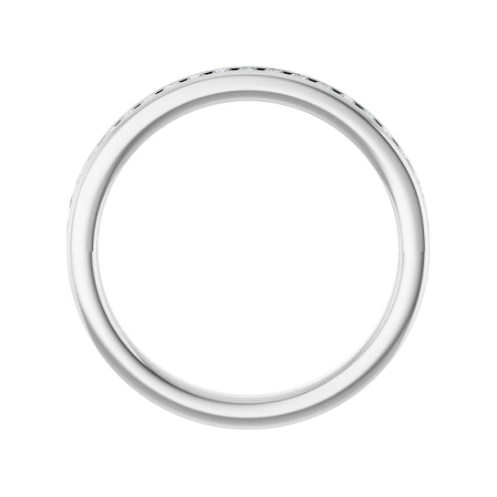1/4 ctw channel-set round brilliant cut diamond band in 14K white gold, 2.6 mm width, side view