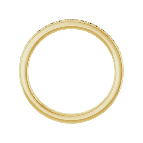 1/4 ctw channel-set round brilliant cut diamond band in 14K yellow gold, 2.6 mm width, side view