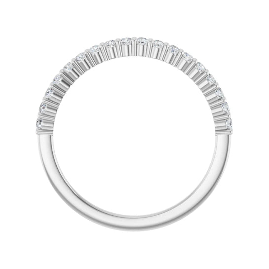1/4 ctw shared-prong round brilliant cut diamond band in 14K white gold, 1.5 mm width, side view