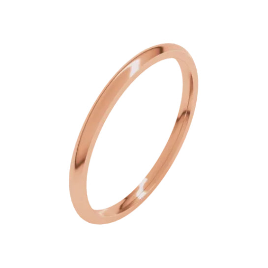 1.5 mm classic polished plain comfort fit wedding band in 14K rose gold, angle view