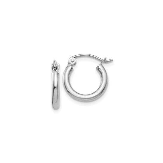 12 mm slim huggie hoop earrings in solid 14K white gold, close-up view