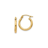 15 mm slim huggie hoop earrings in solid 14K yellow gold, front and side view