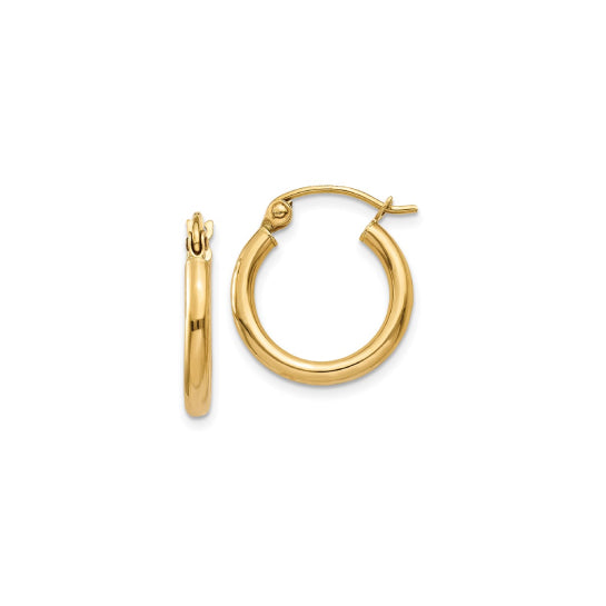 15 mm slim huggie hoop earrings in solid 14K yellow gold, front and side view