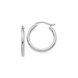 20 mm slim huggie hoop earrings in solid 14K white gold, close-up view