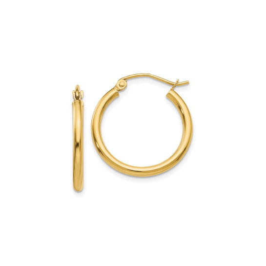 20 mm slim huggie hoop earrings in solid 14K yellow gold, close-up view