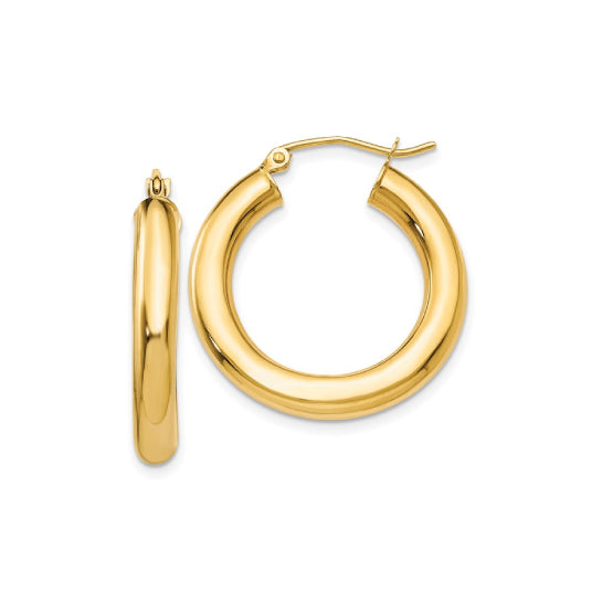 25 mm bold hoop earrings in solid 14K yellow gold, close-up view