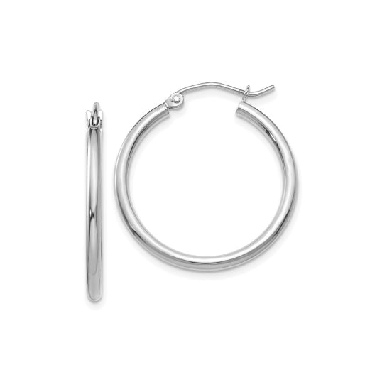 25 mm slim hoop earrings in solid 14K white gold, close-up view