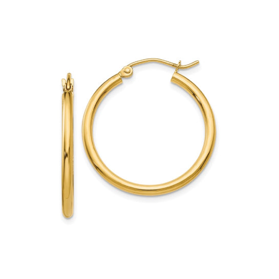 25 mm slim hoop earrings in solid 14K yellow gold, close-up view