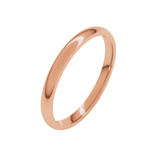 2 mm classic polished plain comfort fit wedding band in 14K rose gold, angle view