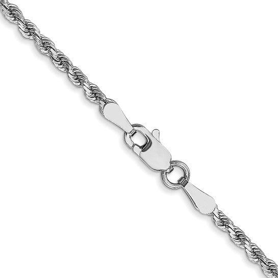 2 mm diamond-cut rope chain necklace in solid 14K white gold, close-up of twisted links and lobster clasp