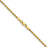 2 mm diamond-cut rope chain necklace in solid 14K yellow gold, close-up of twisted links and lobster clasp