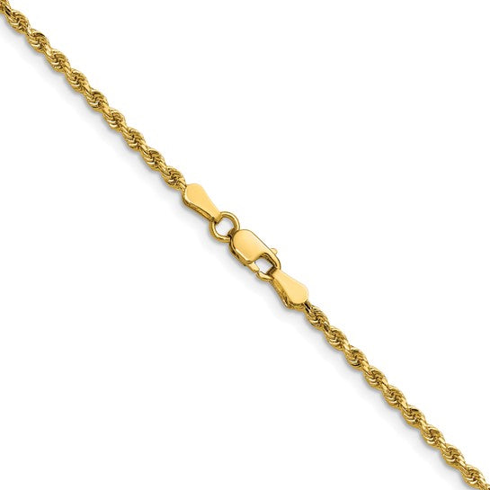 2 mm diamond-cut rope chain necklace in solid 14K yellow gold, close-up of twisted links and lobster clasp