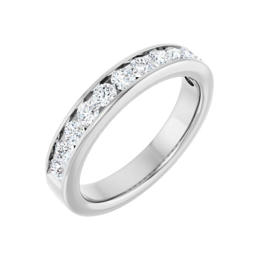 3/4 ctw channel-set round brilliant cut diamond band in 14K white gold, 3.8 mm width, angle view