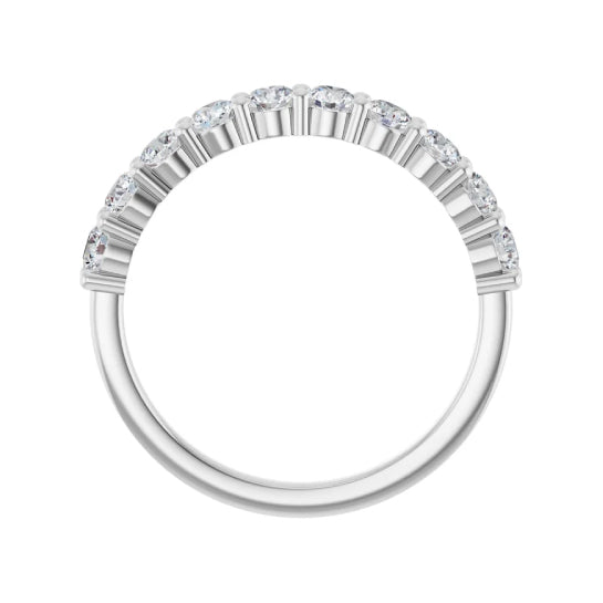 3/4 ctw shared-prong round brilliant cut diamond band in 14K white gold, 3 mm width, side view