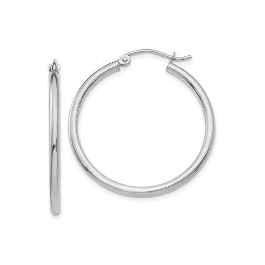 30 mm slim hoop earrings in solid 14K white gold, close-up view