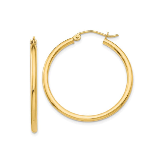 30 mm slim hoop earrings in solid 14K yellow gold, close-up view