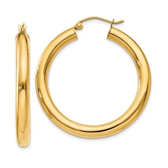 35 mm bold hoop earrings in solid 14K yellow gold, close-up view