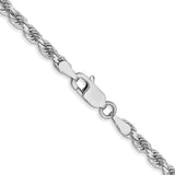3 mm diamond-cut rope chain necklace in solid 14K white gold, close-up of twisted links and lobster clasp