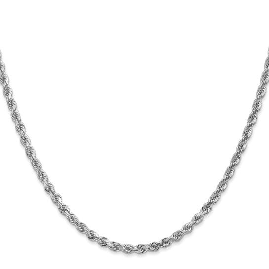 3 mm diamond-cut rope chain necklace in solid 14K white gold, full view