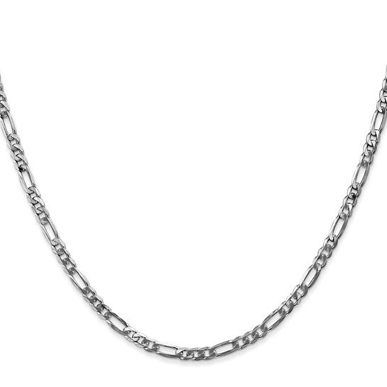 3 mm flat Figaro chain necklace in solid 14K white gold, full view