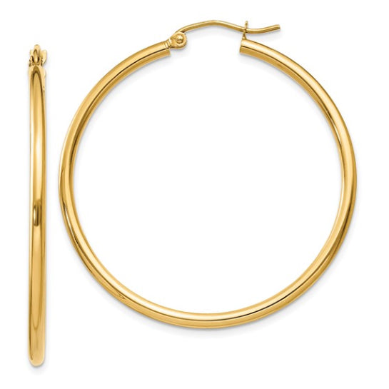 40 mm slim hoop earrings in solid 14K yellow gold, close-up view