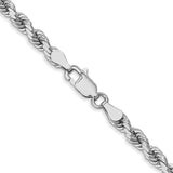 4 mm diamond-cut rope chain necklace in solid 14K white gold, close-up of links and lobster clasp