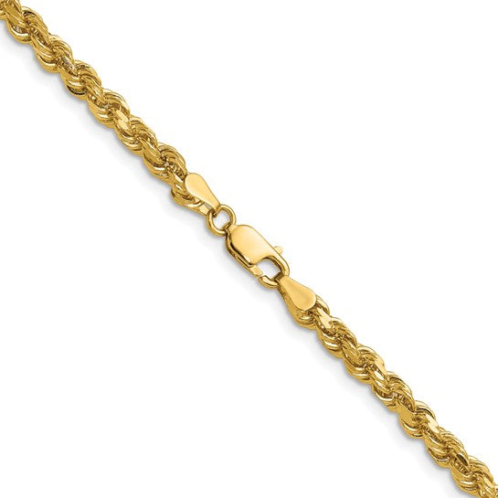 4 mm diamond-cut rope chain necklace in solid 14K yellow gold, close-up of links and lobster clasp