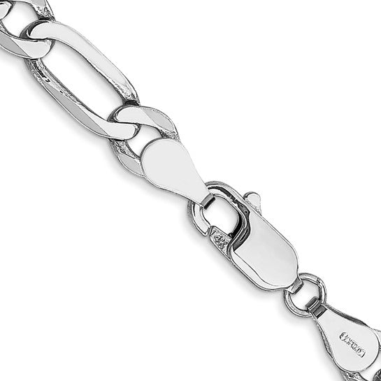 5.5 mm flat Figaro chain necklace in solid 14K white gold, close-up of links and lobster clasp