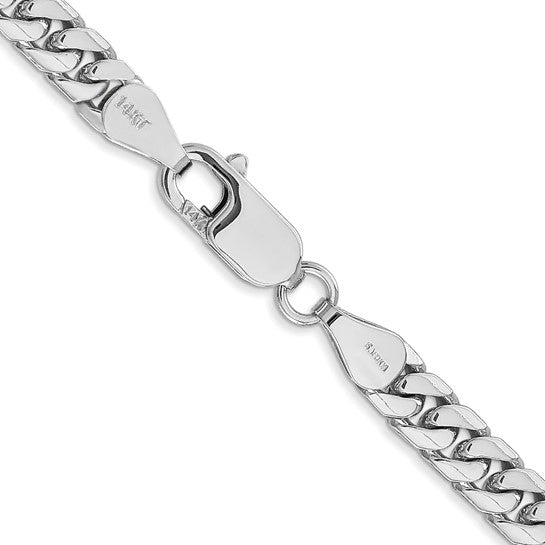 5 mm Miami Cuban chain necklace in solid 14K white gold, close-up of links and lobster clasp