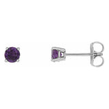 4 mm amethyst solitaire stud earrings in solid 14K white gold, front and side view