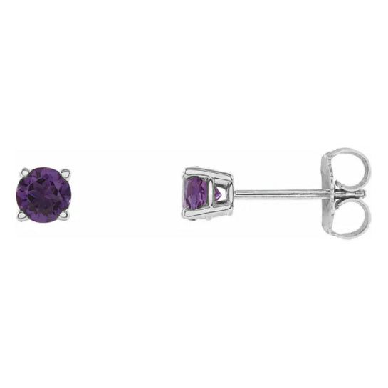 4 mm amethyst solitaire stud earrings in solid 14K white gold, front and side view