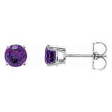 5 mm amethyst solitaire stud earrings in solid 14K white gold, front and side view