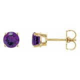 5 mm amethyst solitaire stud earrings in solid 14K yellow gold, front and side view