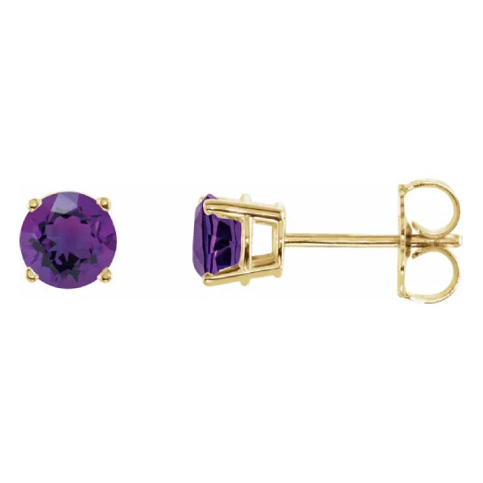 5 mm amethyst solitaire stud earrings in solid 14K yellow gold, front and side view