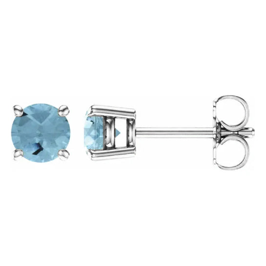 5 mm aquamarine solitaire stud earrings in solid 14K white gold, front and side view