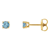 4 mm aquamarine solitaire stud earrings in solid 14K yellow gold, front and side view