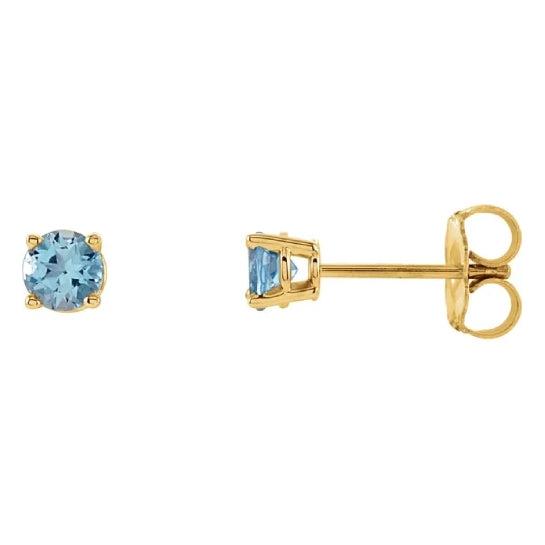 4 mm aquamarine solitaire stud earrings in solid 14K yellow gold, front and side view