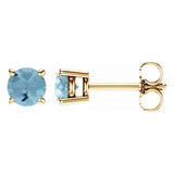 5 mm aquamarine solitaire stud earrings in solid 14K yellow gold, front and side view