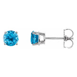 5 mm blue topaz solitaire stud earrings in solid 14K white gold, front and side view