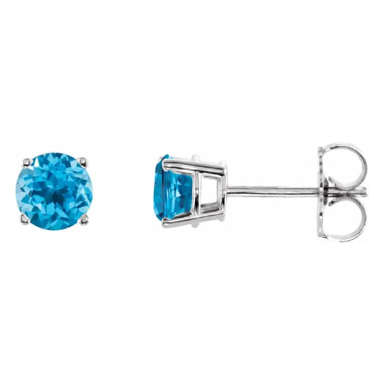 5 mm blue topaz solitaire stud earrings in solid 14K white gold, front and side view